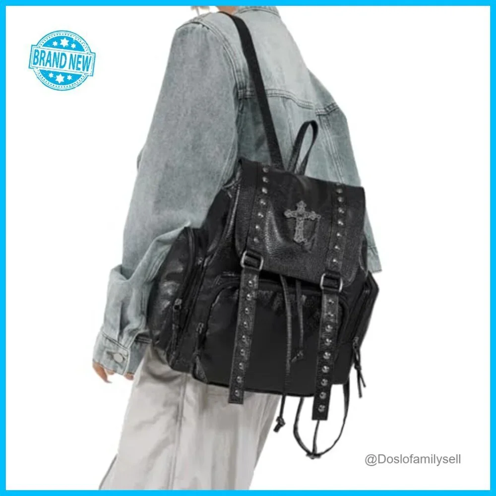 Studded Backpack Y2K Punk Goth Daypack Adjustable Straps Faux Leather Edgy Style